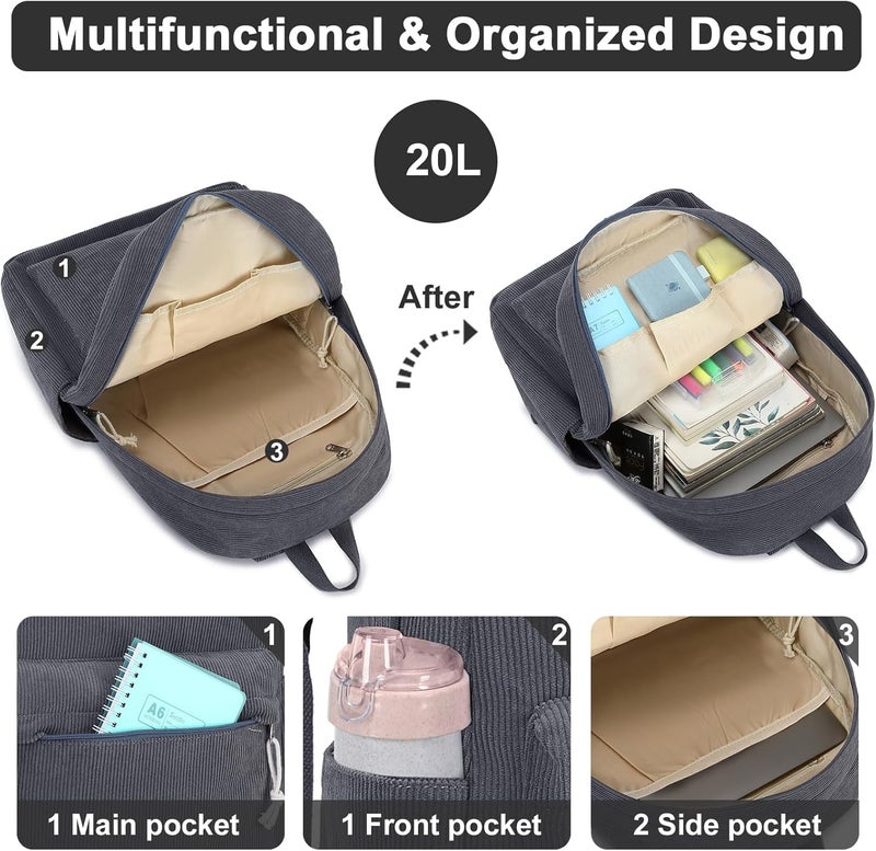 BTOOP School Backpack for Teens Large Corduroy Bookbag Lightweight 15.6 inch Laptop Bag for Girls Women Casual High School College - Image 4